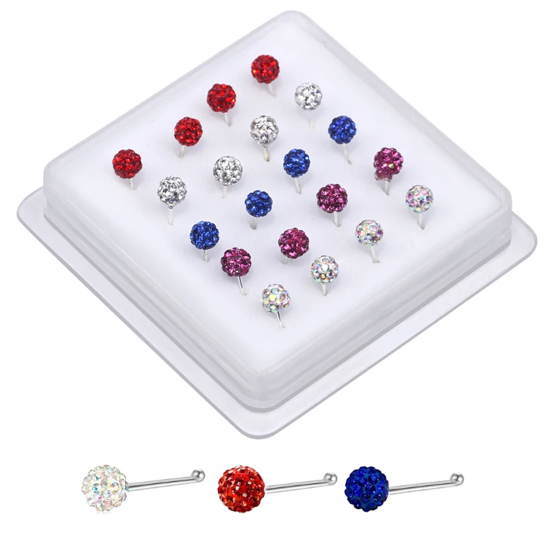 20PCS 4mm Disco Ball Crystal Mix Color Nose Studs Ball End Nose Bone Nostril Silver Nose Piercing Boxed Jewelry Wholesale
