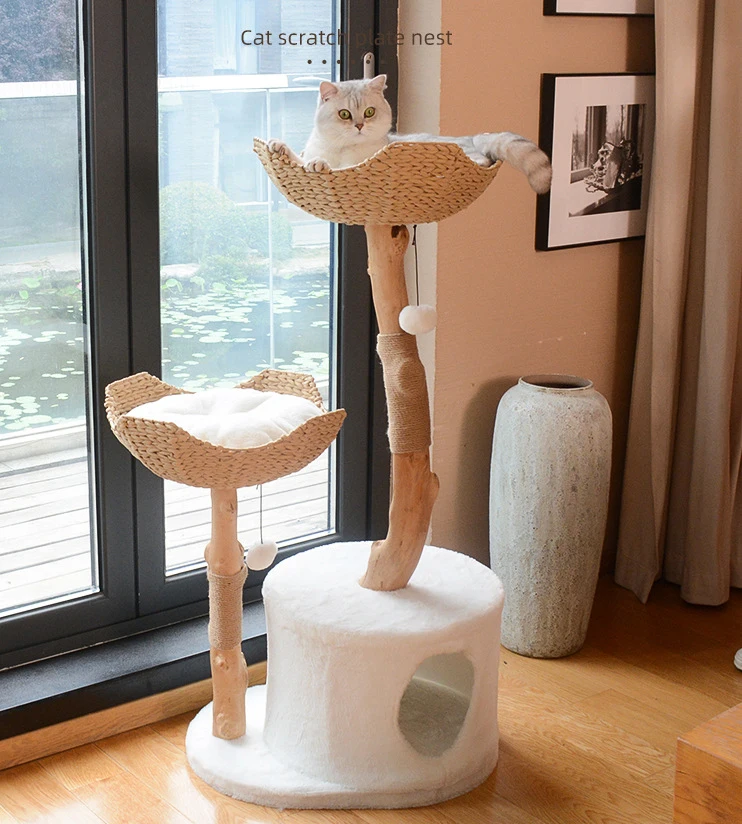 Modern Cat Tree Tower for Indoor Cats Real Branch Wood Kitty Tower Cat Scratching Post Jumping Platforms Natural Wood Pet Tree