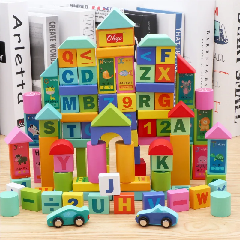 Wholesale Wooden Building Blocks Toy 100 Pieces Bucket Set with Numbers and Letters Educational Early Learning Toys Dropshipping