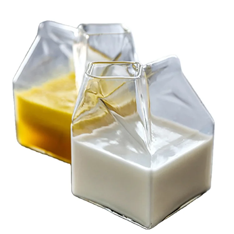 Reusable Clear 12 Oz Glass Milk Carton Durable Square Carton Shaped Mini Cute Glass Milk Jug Bottle Milk Cups for Coffee Juice