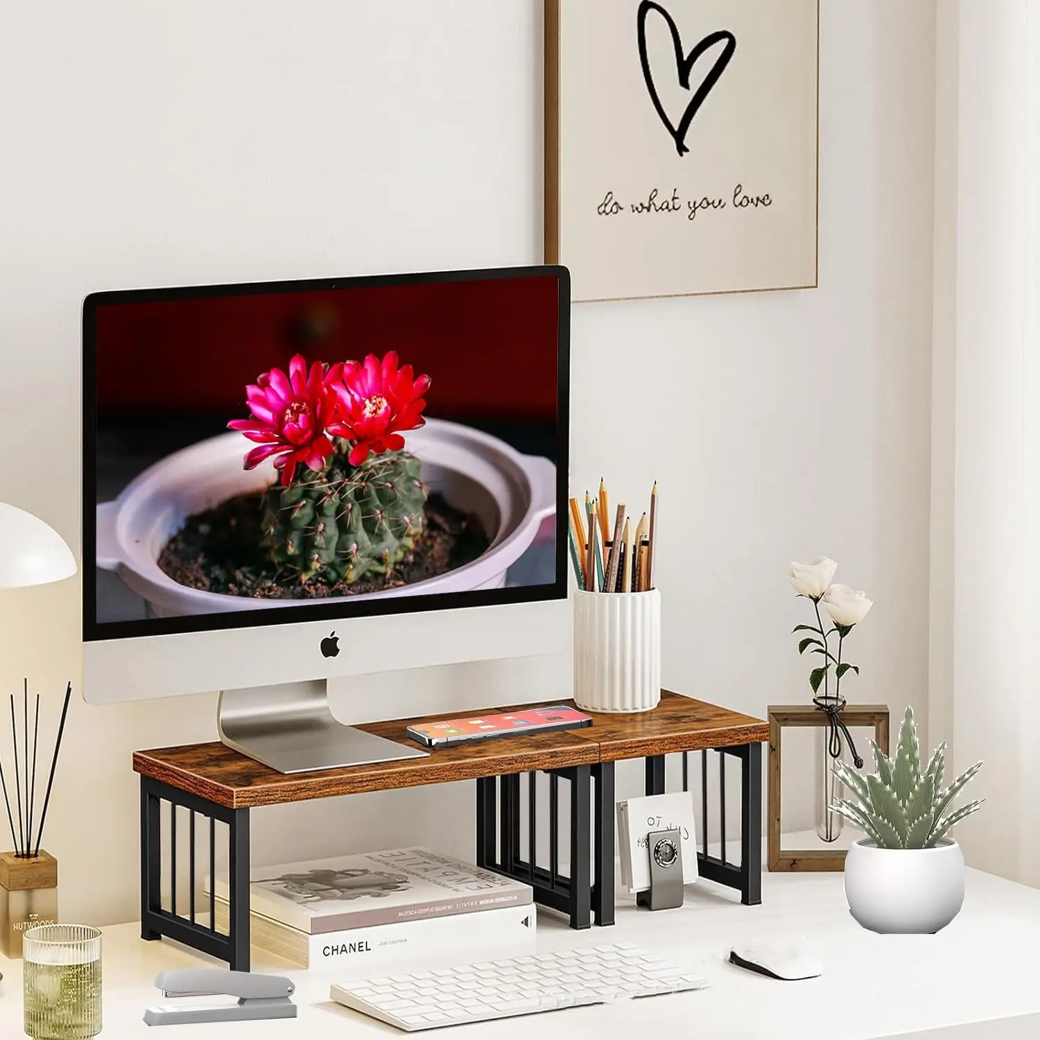 Customized wooden mini desktop stackable and adjustable small desk bookshelf printer monitor stand for study living room