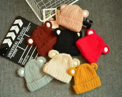 Wool Yarn Skullies Beanie Knitted Hat Cap Earmuffs Kids Winter Hat Lovely Cat Ears Baby Hat M0122