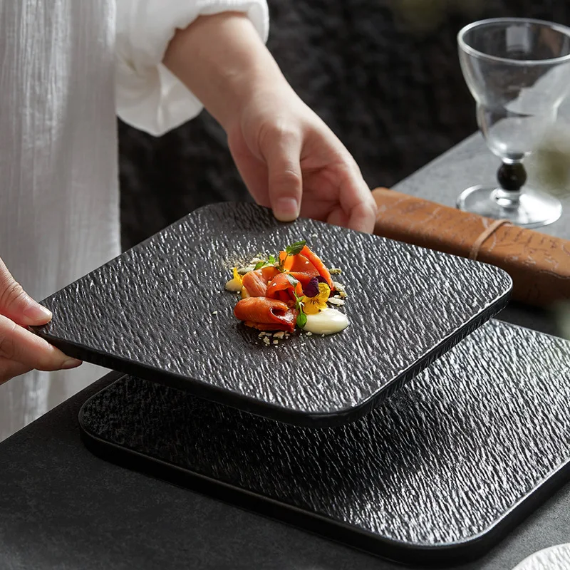 Matte stone patterned square high-end home square flat plate steak plate Western cuisine plate