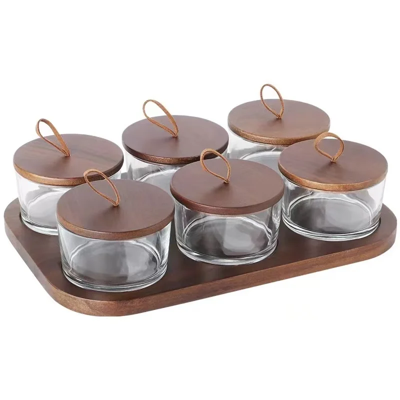 DIY Glass Snack and Dip Dipping Sauce Bowl with rectangle wood serving tray,glass bowls chip and dip serving bowl with lid