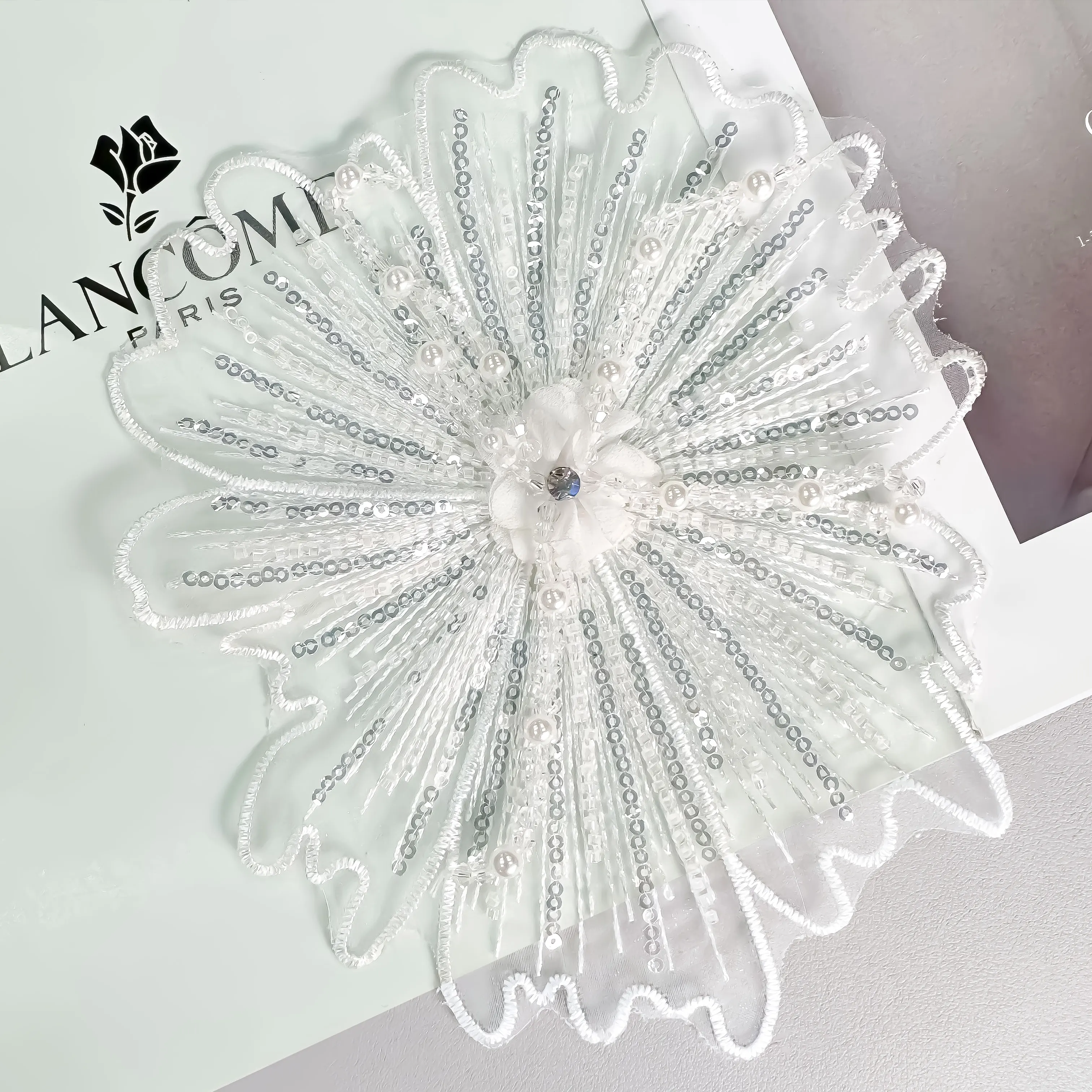 White sequins, nail beads, embroidered mesh, lace, new dress, wedding collar, decorative clothing, patches, hand sewn stickers