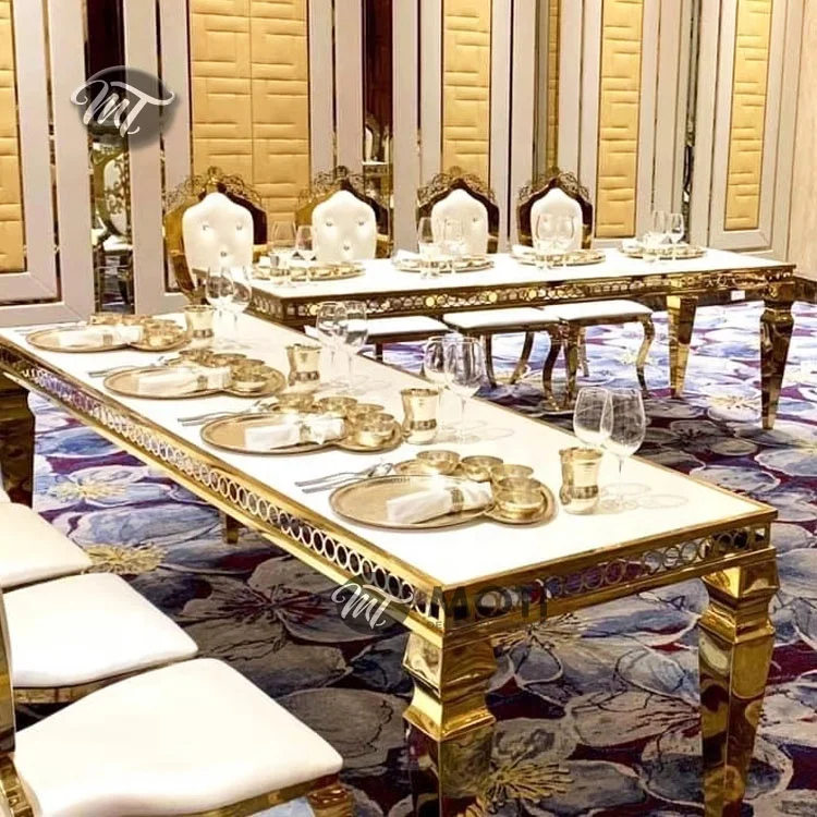 Modern gold wedding dining chairs and buffet tables with glass top
