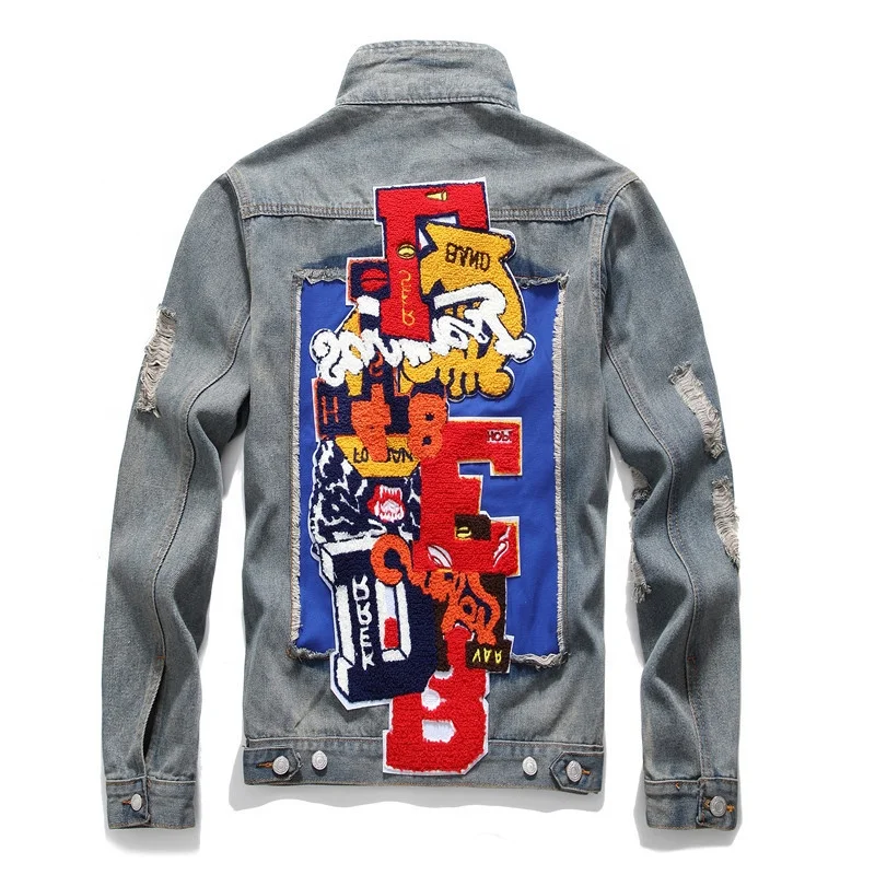 brand design hip hop streetwear denim fancy patches embroidery ripped jean jacket for men