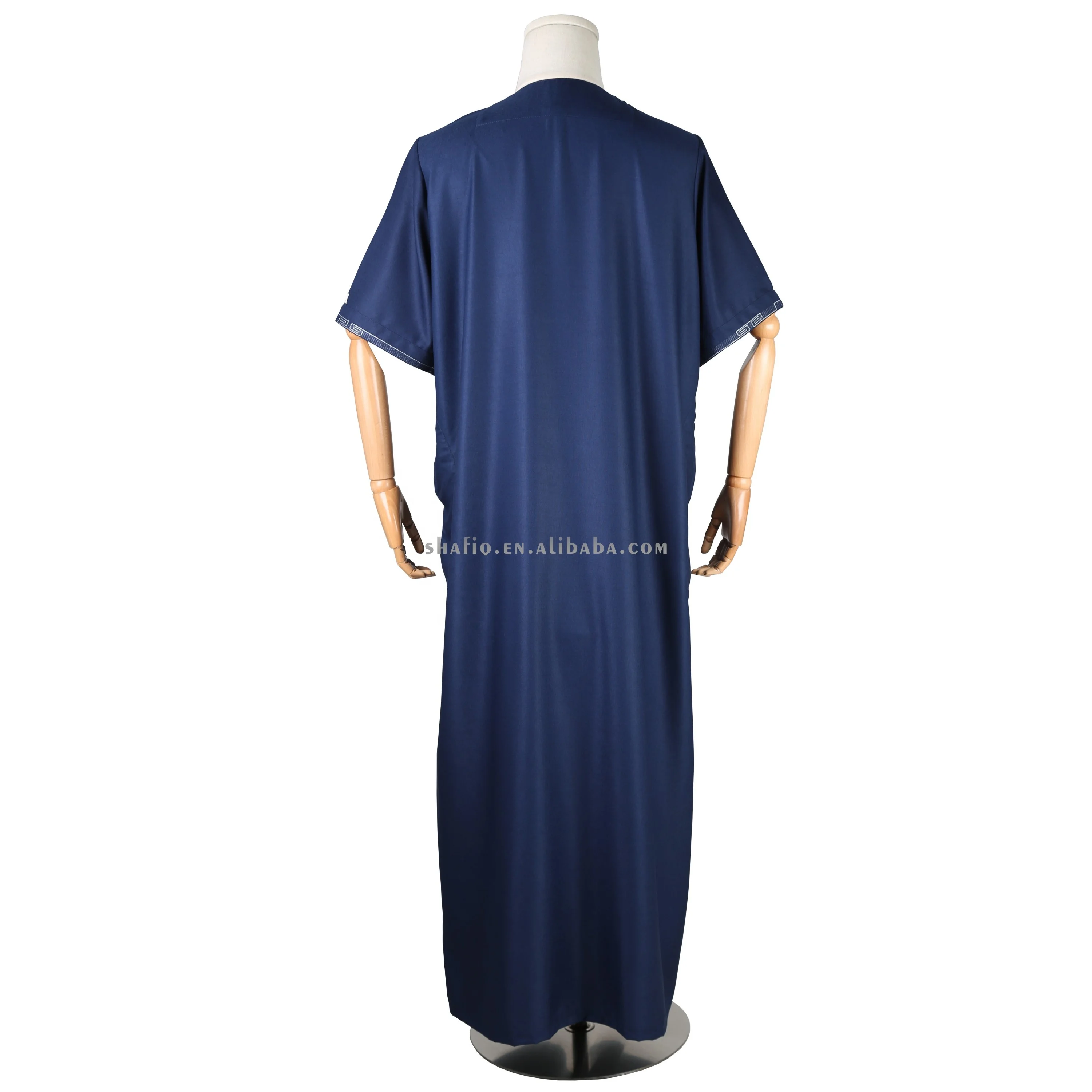 Short Sleeve Embroidered Round Neck African Muslim Prayer Jalabiya Islamic Clothing Jubah Boubou Men Thobe With Zip