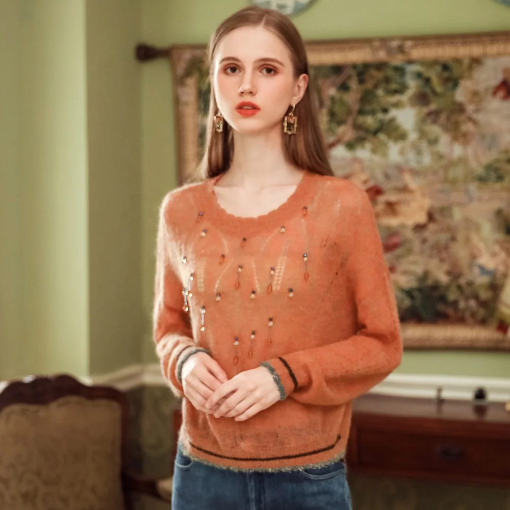 New Home Sexy Sweet Cashmere Wool Mid-high Neck Ladies V-neck Hollow Out Pullover Sweater
