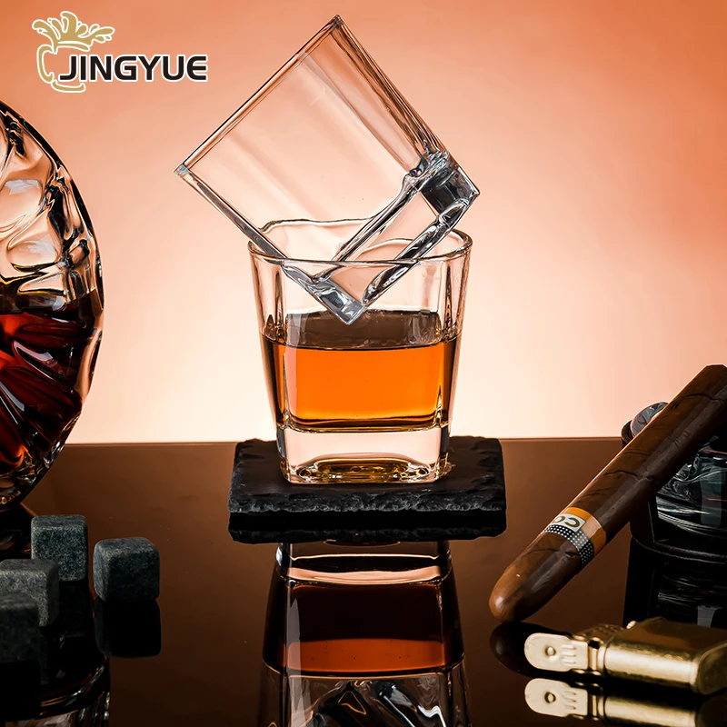 Artisan Crafted Old Fashioned Crystal Square Cocktail Glasses and Chilling Rock Stones Gift with Chess Set in Wooden Storage Box