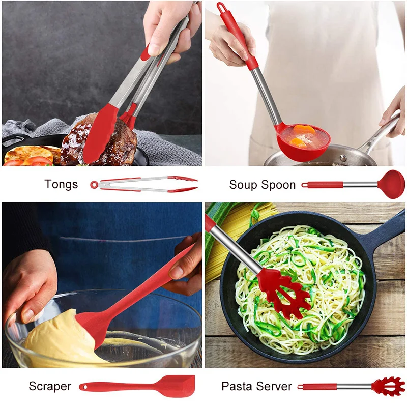 Home Kitchen Cooking Utensil Stainless Steel Handle And Silicone Cooking Tool Red 14 In 1 Silicone Kitchen Accessories Set