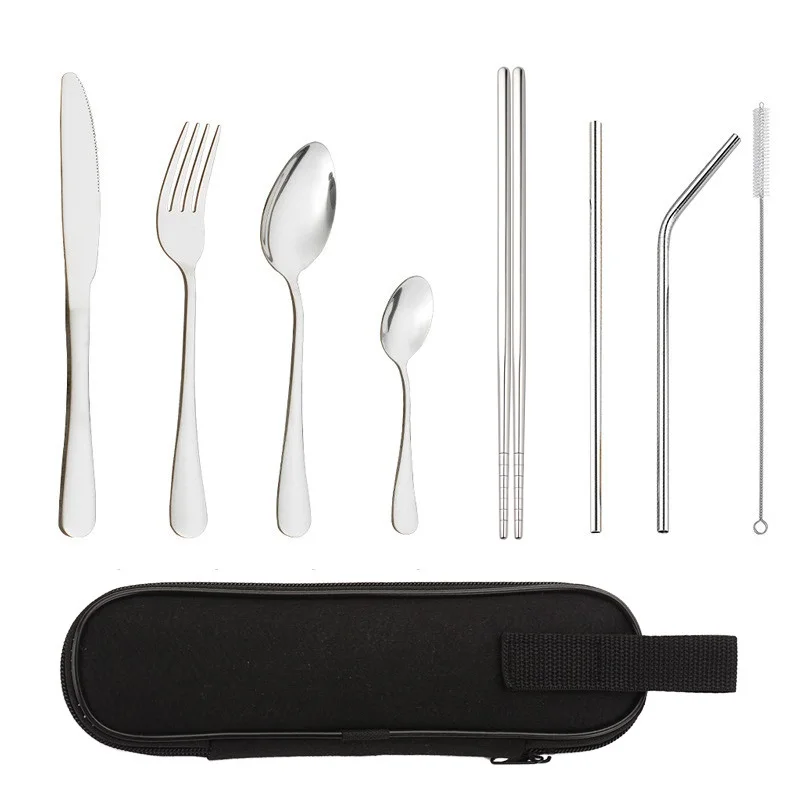Portable camping travel cutlery set with case,Reusable Flatware with Metal Straw and Chopstick For Office/School/Outdoor/Hiking (62213626365)