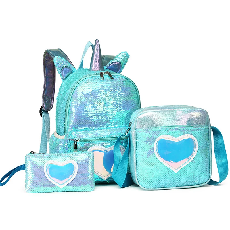 unicorn sequin backpack three piece school bag