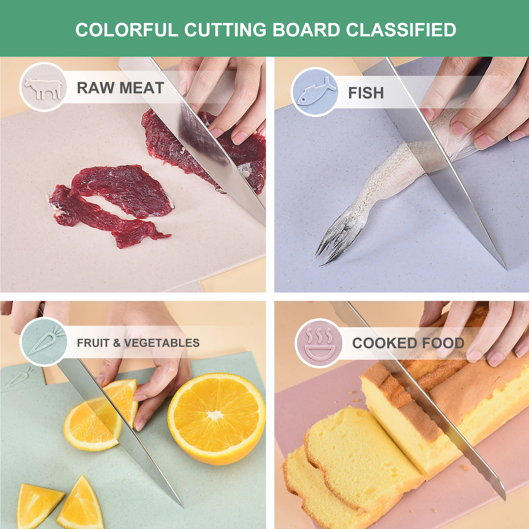 4 PCS Wheat Straw Plastic Chopping Board Set Raw and Cooked Food Cutting Board Non-slip Chopping Board with Storage Holder