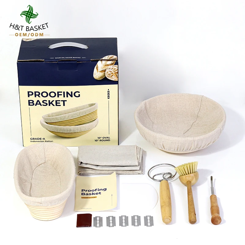 HT Rattan Banneton Baskets Proofing Set 2 9 Inch Basket Covers Metal Scraper Plastic Scraper Scoring Lame and other accessories