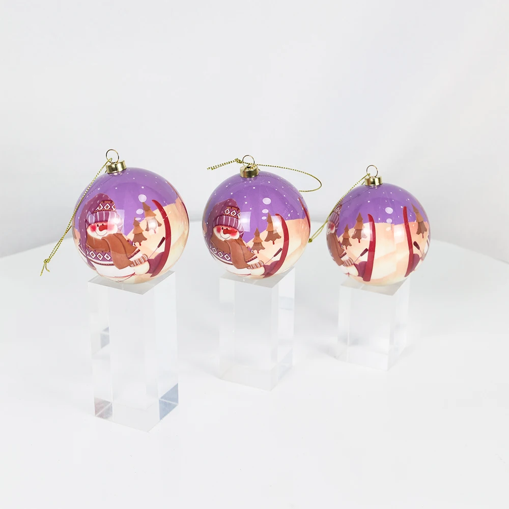 Purple Cartoon Pattern Poly Foam Christmas Ball With Gold Cap Christmas Tree Hanging Decoration Christmas Ball Gift Box Set
