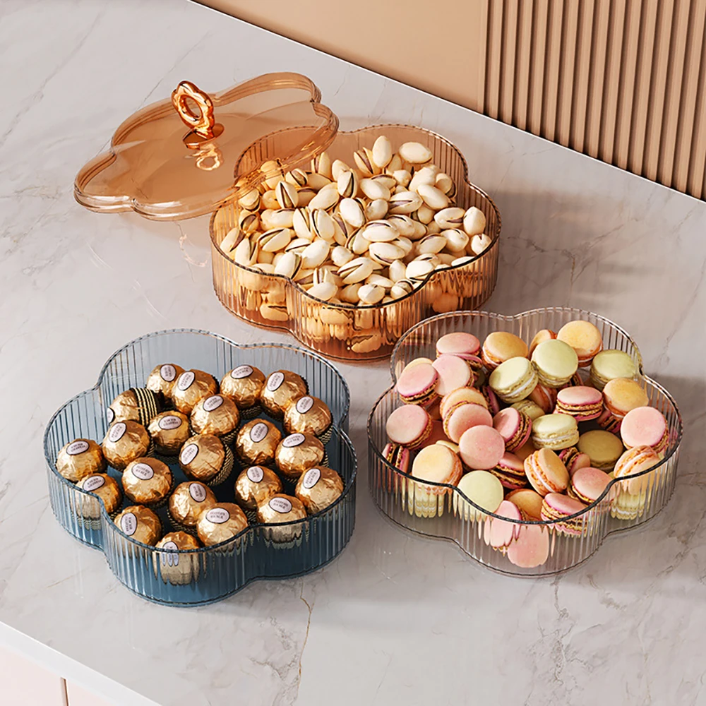 Multiple Tire Flower Shape Design Plastic Serving Platter Snack Tray with Lid for Biscuit Candy Nut Candy