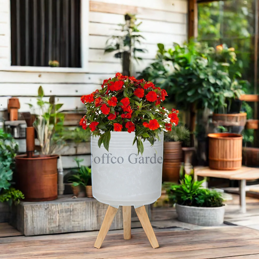 Coffco Cylinder Pot Leg Pot Plastic Pot Garden Nursery Grow Box Garden Supplies with Wooden for Planting Home Decoration Vintage