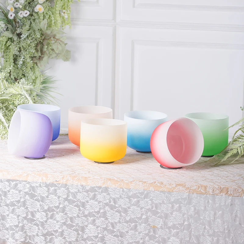 Seven half colors  Chakra Singing Bowl Set Sound Healing Healthy Free Mallets and O Rings Frosted Crystal Singing Bowls