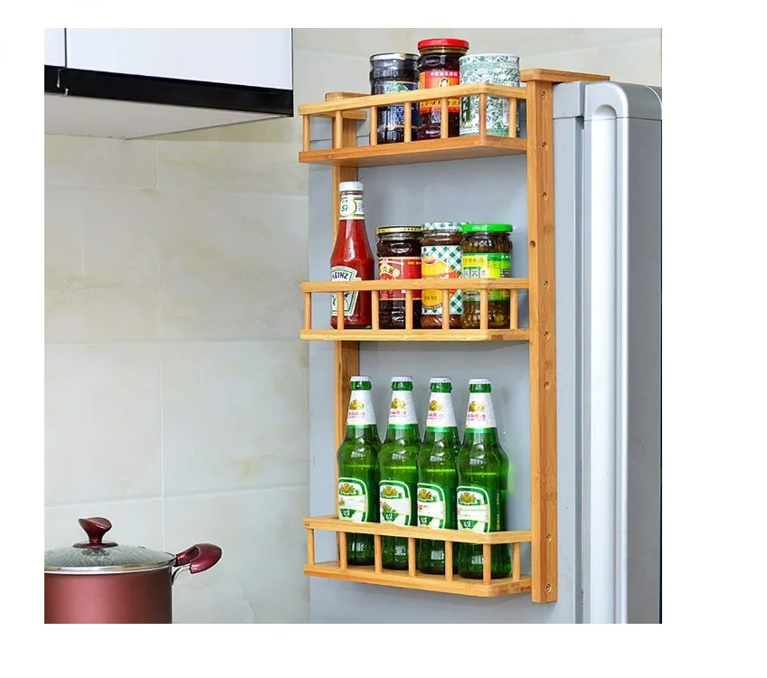 Bamboo Refrigerator Hanging Organizer Rack 3-Layer Fridge Mounted Spice Jars Storage Shelf Side Wall Stand