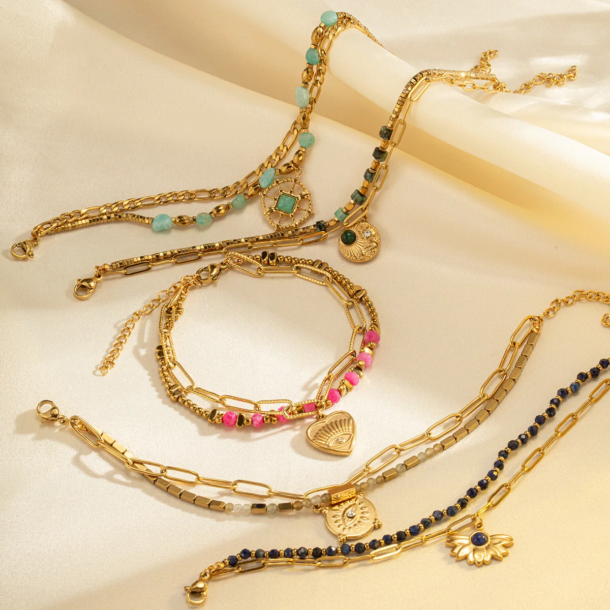 Hot selling Bohemian style bracelet with natural stone beaded double layer chain for women jewelry