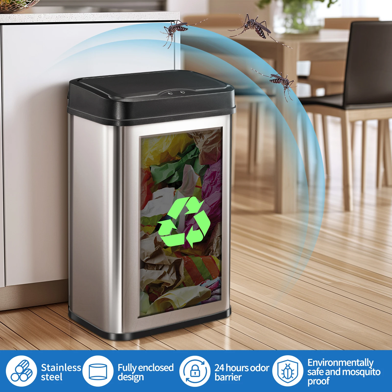 Automatic 50L Stainless Steel Material Waste Can Fully 24 Hour Odor Isolation Trash Bin with Manual Switch and Vibration Sensor