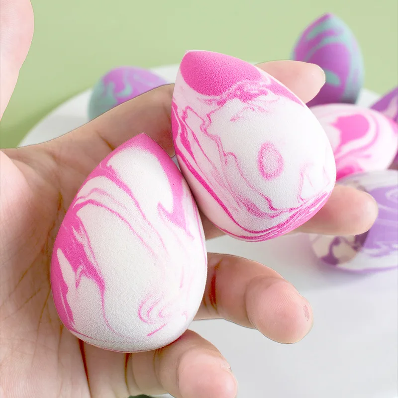 Private Label Soft Pink and White Marble Water Drop Beauty Sponge Blender 1 Sided Cut Mixing Color Makeup Blending Sponge