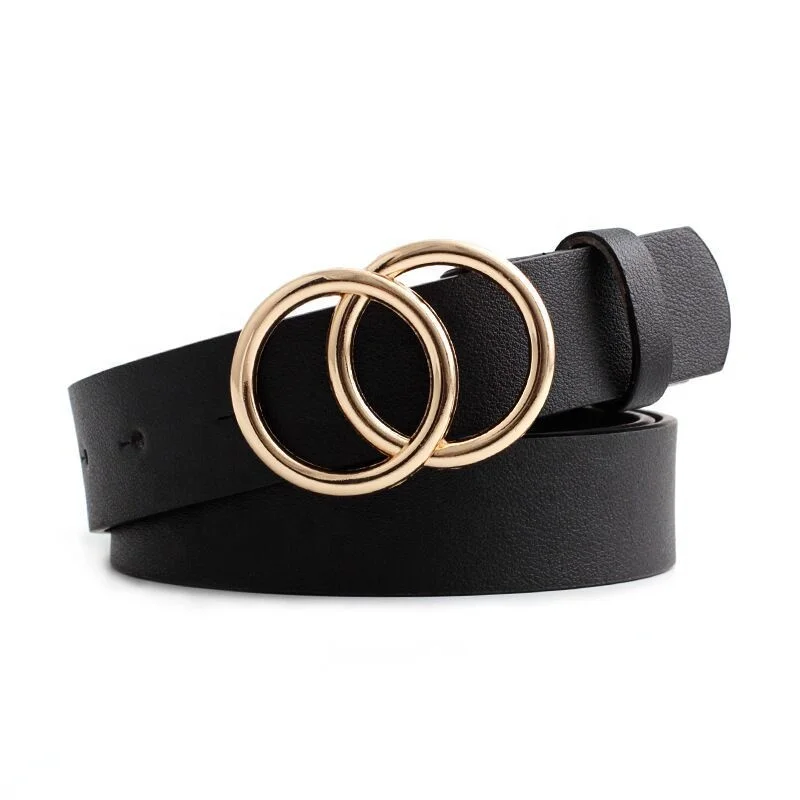 pu round belt welding double O buckle pu leather waist belt for women