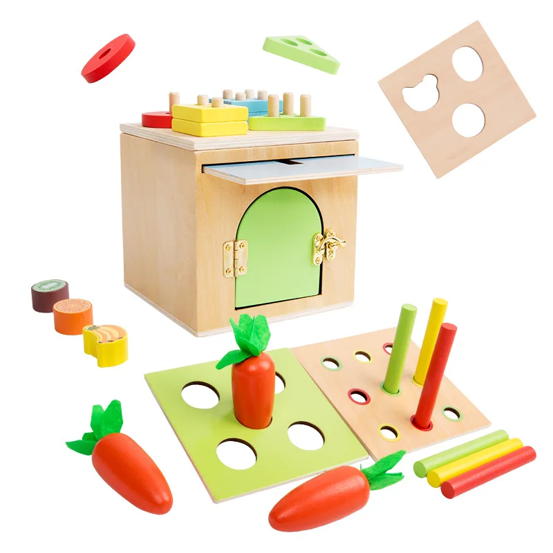 Montessori 2023 Educational Learning Toys for Kids Object Permanence Box Carrot Harvest Shape Sorter 6-in-1 Wooden Play Kit Wood