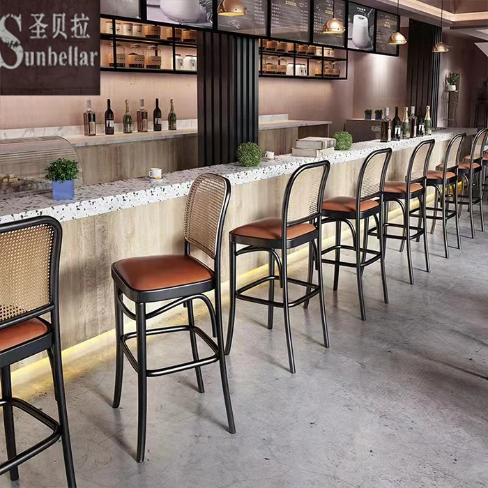 Nordic newest modern bar chair wooden leather seat rattan webbing cane backrest cafe restaurant project dining chair