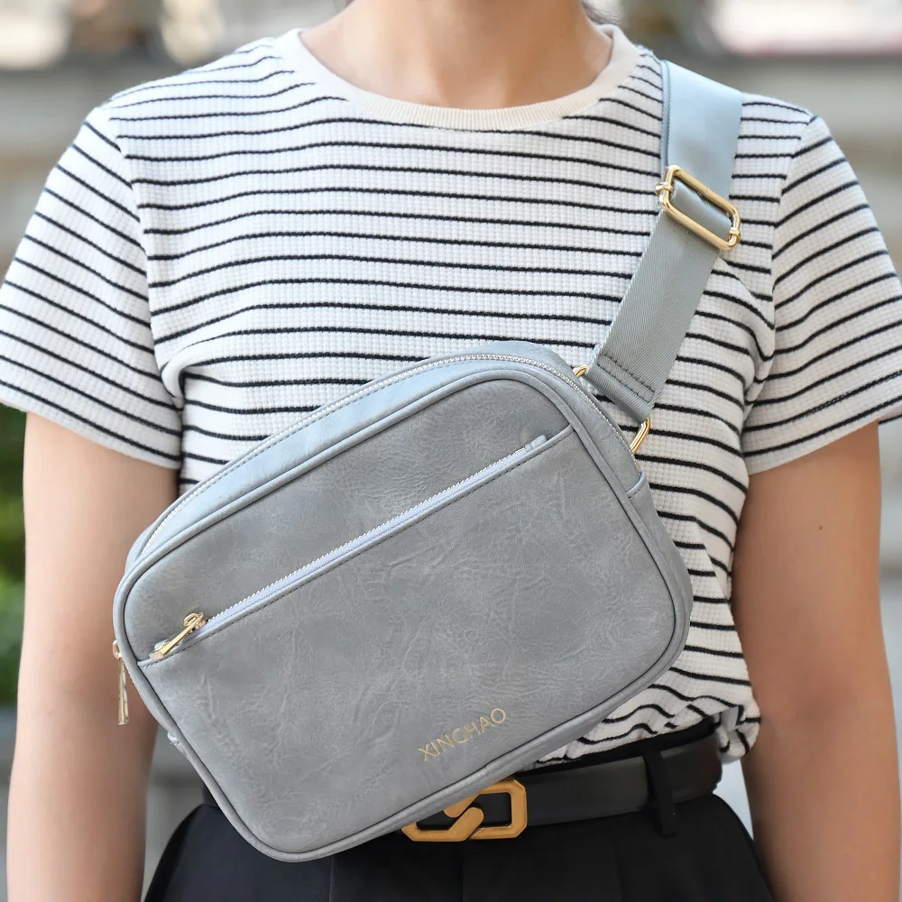 High Quality Leather Crossbody Bag Money, Key Storage Bag Gray Waist Bag for Outdoor