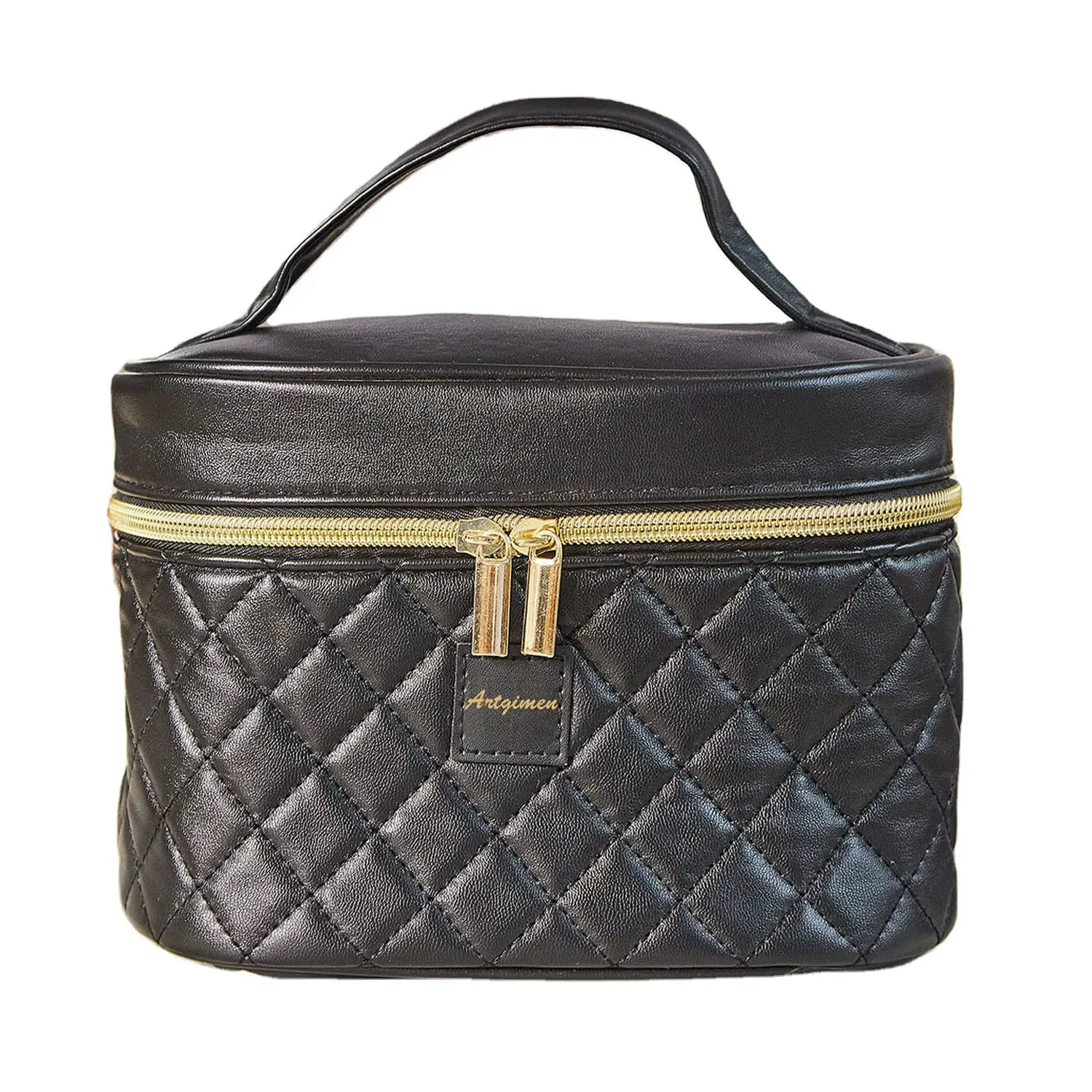 Black PU Private Label Custom Makeup Bag Eco Friendly Toilet Bag Luxury Quilted Cosmetic Bag Leather Travel Makeup Train Case