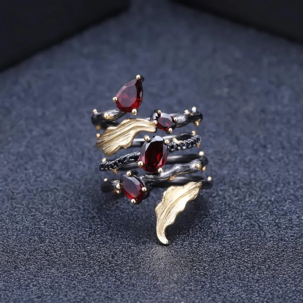Vintage Gothic Natural Red Garnet Gemstone Jewelry 925 Sterling Silver Ring Women For Party
