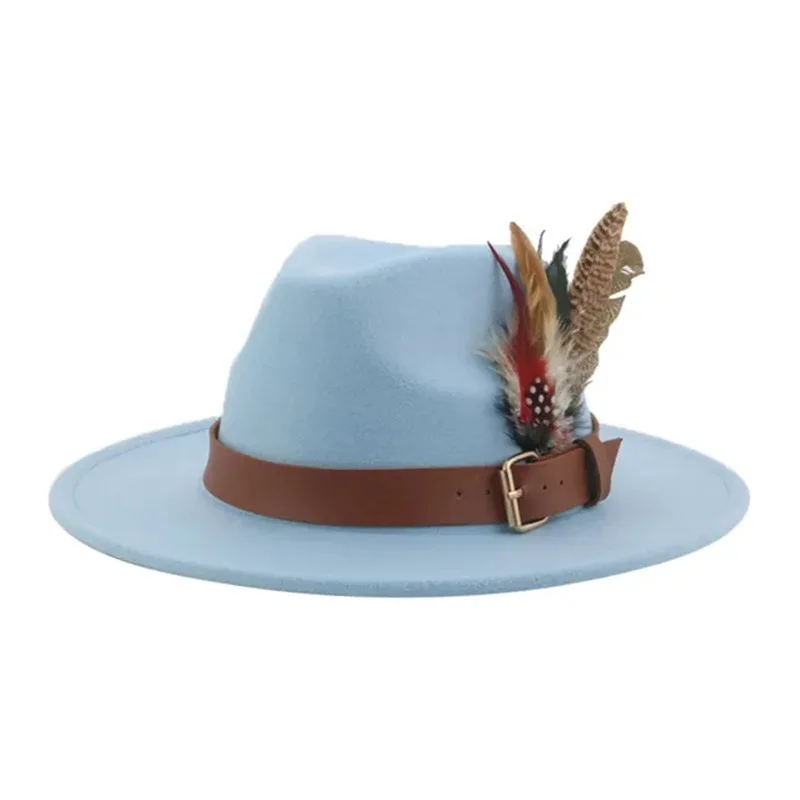 Wholesale Cheap High Quality Jazz Church Custom Printing Embroidery Logo Wool Wide Brim Felt Fedora Hats With Feather Belt