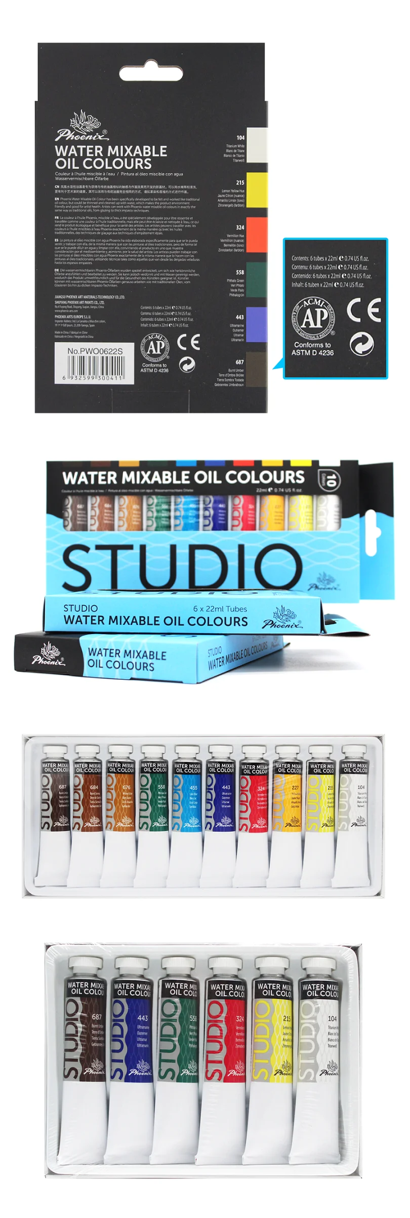 Fast Seller Water mixable Oil Paints High Quality Aluminum Choice Painting Phoenix Studio Oil colours 6 colours 22ml