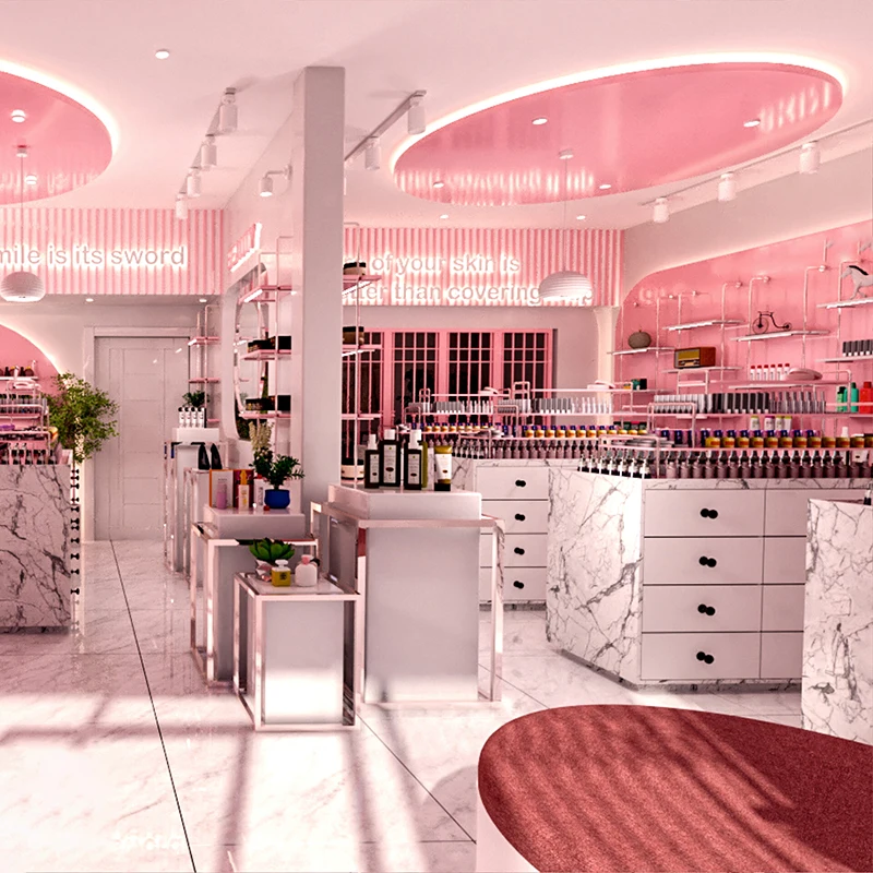 Kainice cosmetic display shelving makeup storage beauty salon nail polish rack wooden glass display cabinet modern showcase