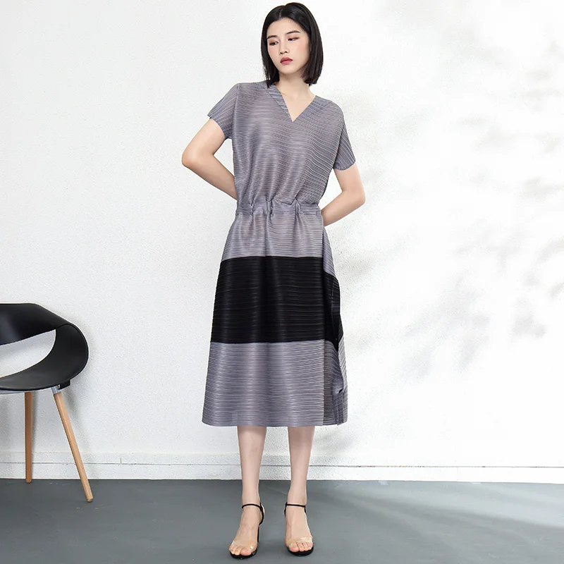Breathable polyester pleats Plus-size casual Pleats ladies elegant dress