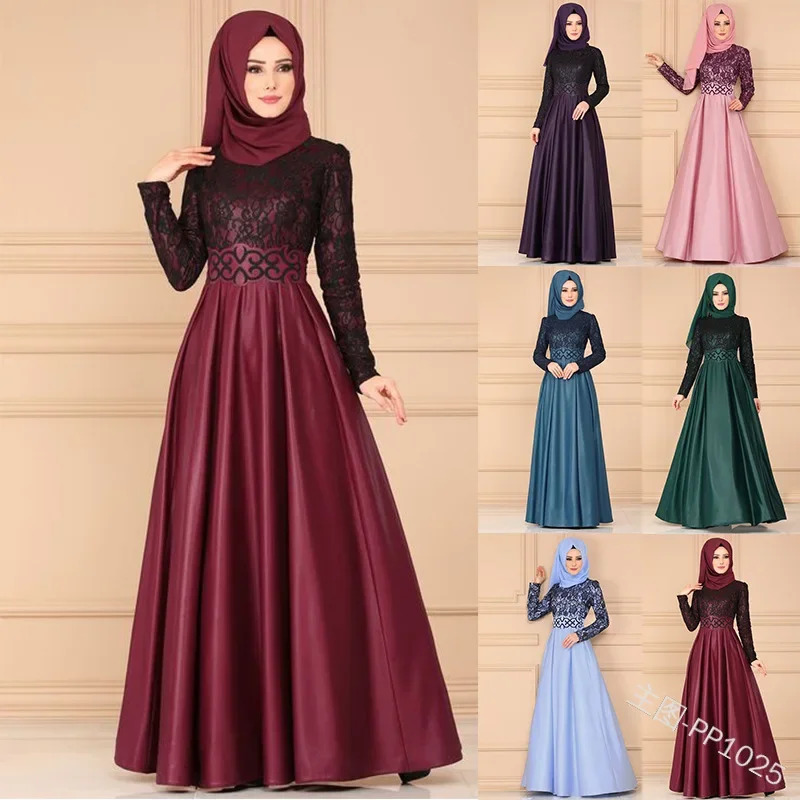 long maxi muslim dress with lace collar a line wedding long skirt for muslim eid clothes for women single dress