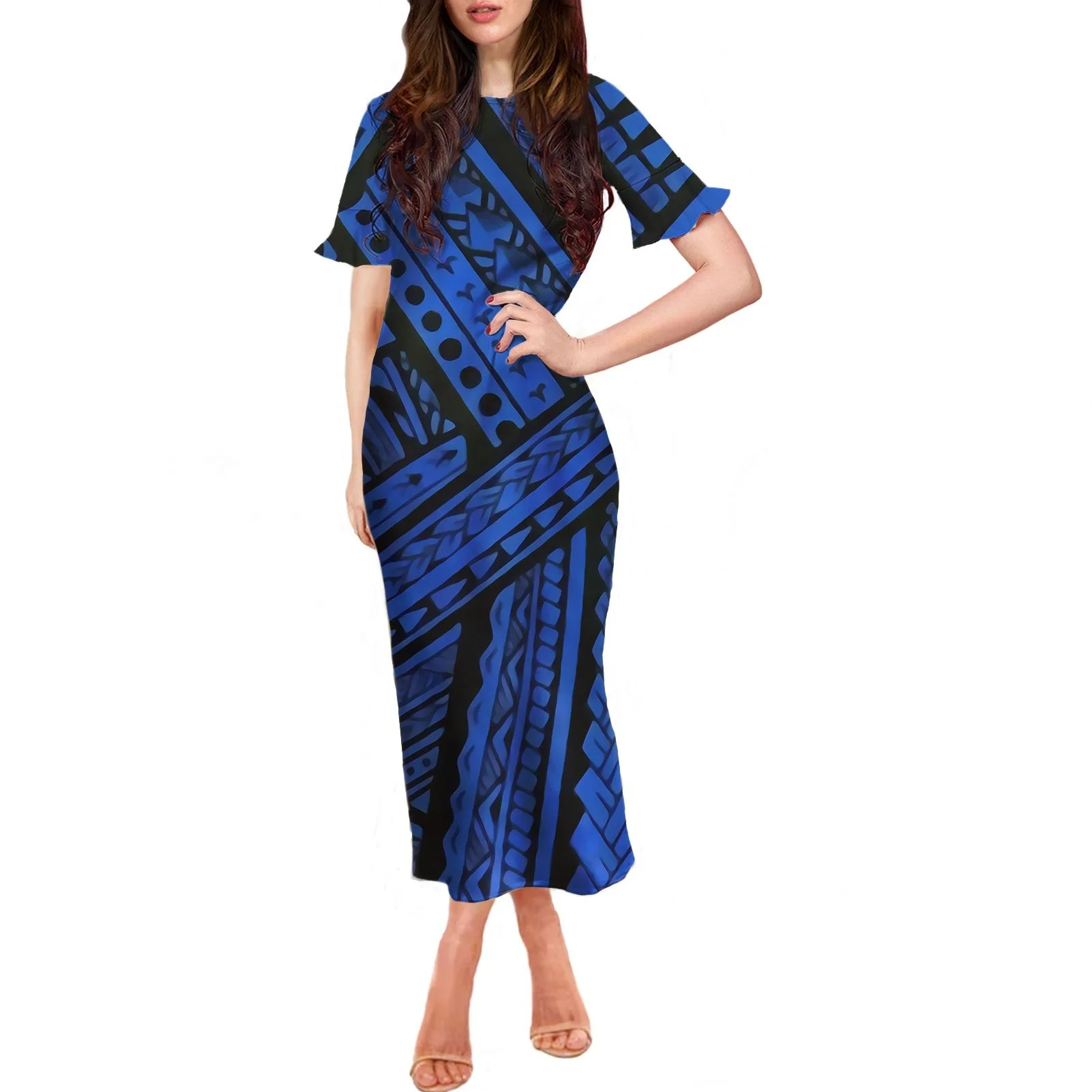 
Custom Vintage Design Blue Colorful Polynesian Tribal Printed Sexy Bodycon Clothing Women Plus Size Summer Infinity Dresses Maxi 