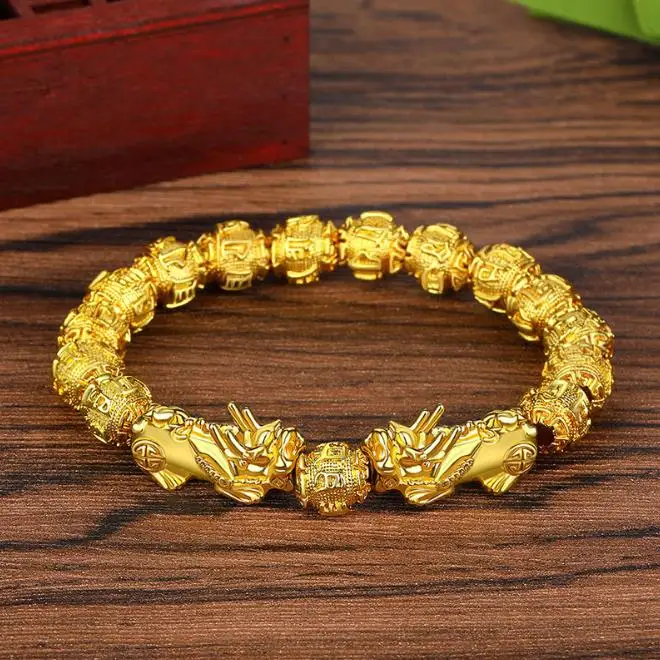 Chinese Lucky Bracelets Gold Plated Beads Feng Shui Black Obsidian Wealth Bracelet