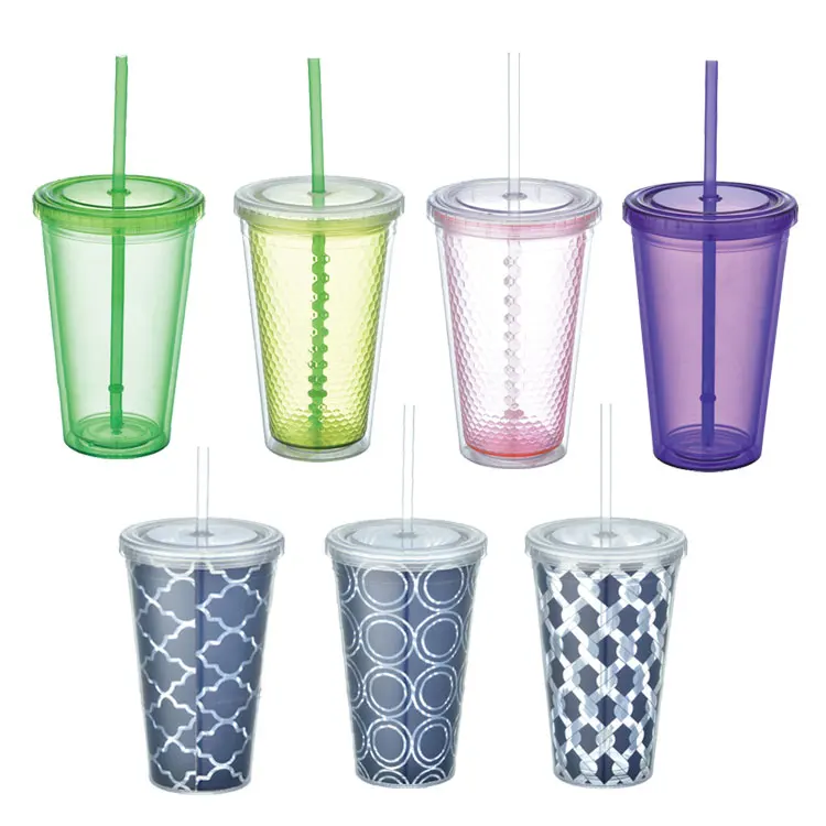 Wholesale BPA free reusable plastic cup sweat proof tumbler bottle with straw and lid