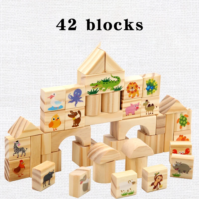 Wholesale 42pcs Animal wooden enlighten education building blocks 2020 new design early education kids toys