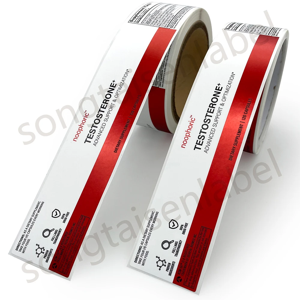 Self-adhesive Matte Red Gold Foil Stamping Long Size Roll Packaging Health Care Products Labels