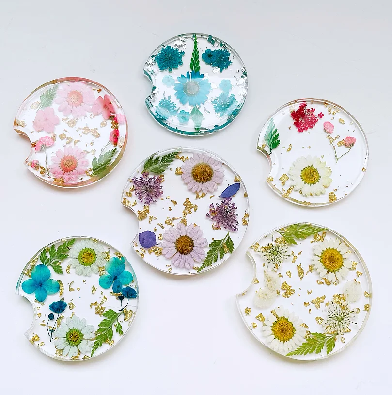 Hot sale dried real pressed flowers tutorial epoxy resin craft car cup coaster for wedding decoration