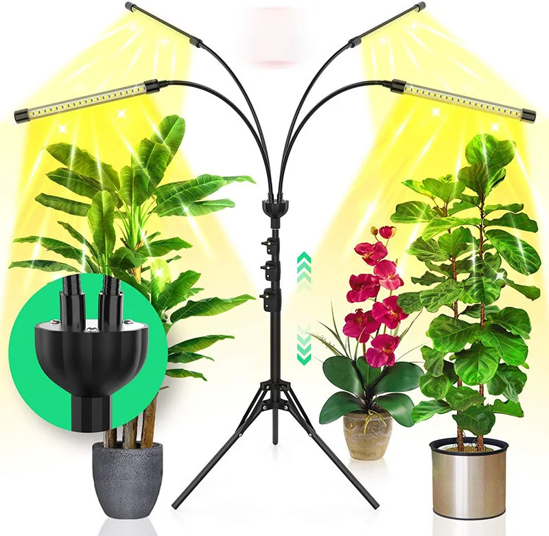 Grow Light for Indoor Full Spectrum Led Grow Light with Stand Tripod Stand Adjustable Four-Heads Floor Grow Lamp