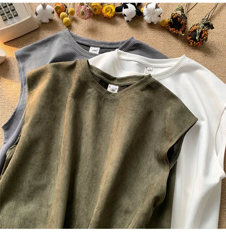 2024 new fashion streetwear unisex suede fabric blank solid color tank top heavyweight loose fit singlet vest for men