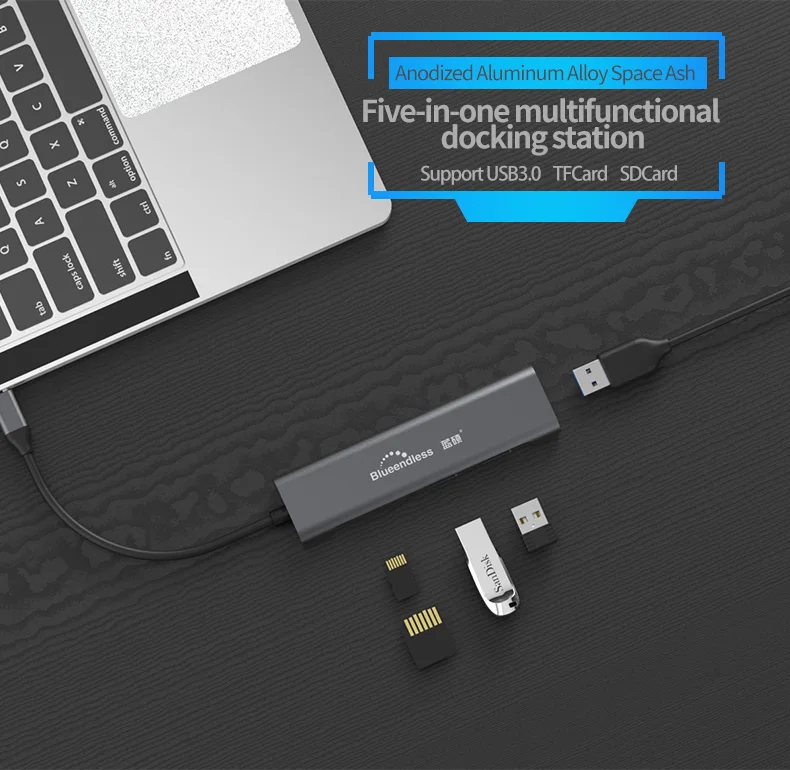Алюминиевый концентратор USB C 5 в 1 с поддержкой Sd Tf Usb3.0 высококачественный типа для