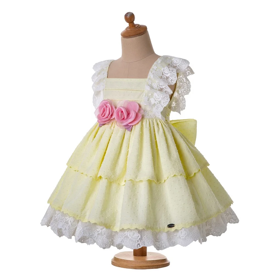 OEM 2021 Spring Newest Girls Easter Dress with Flower Sleeveless Korean Dress with Headband Lace Boutique Yellow Clothes