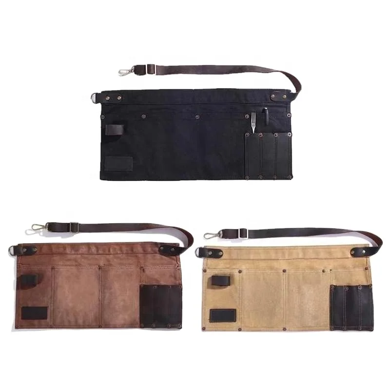 Multi-pocket Apron For Women Real Leather Canvas Half Pocket Apron Waitress Teacher Supplier Cosmetic Apron Home Doco(Coffee)