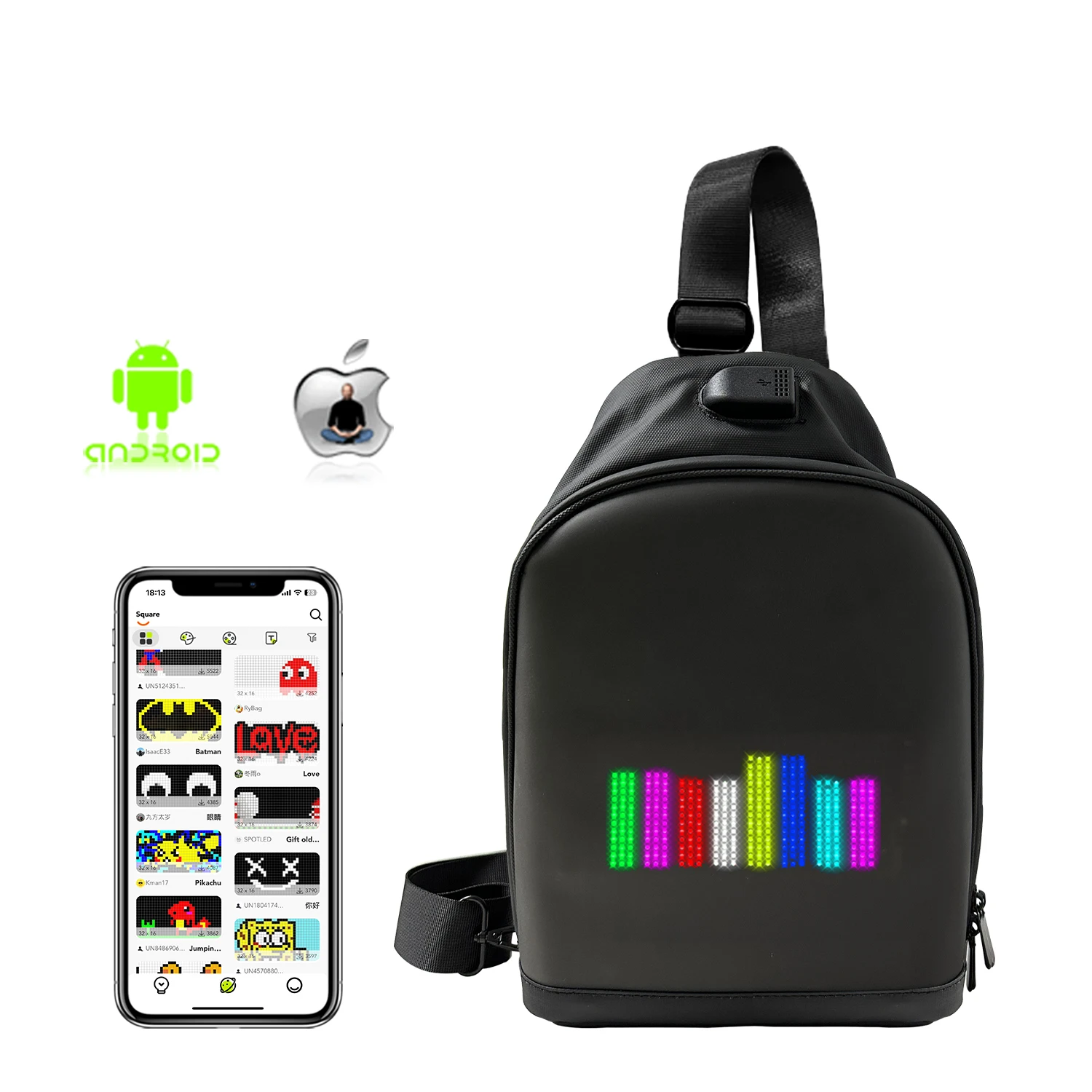 LED Screen Display Sling Bag Crossbody Shoulder Chest Bag Travel Backpack Hiking Bag With LED Screen Display
